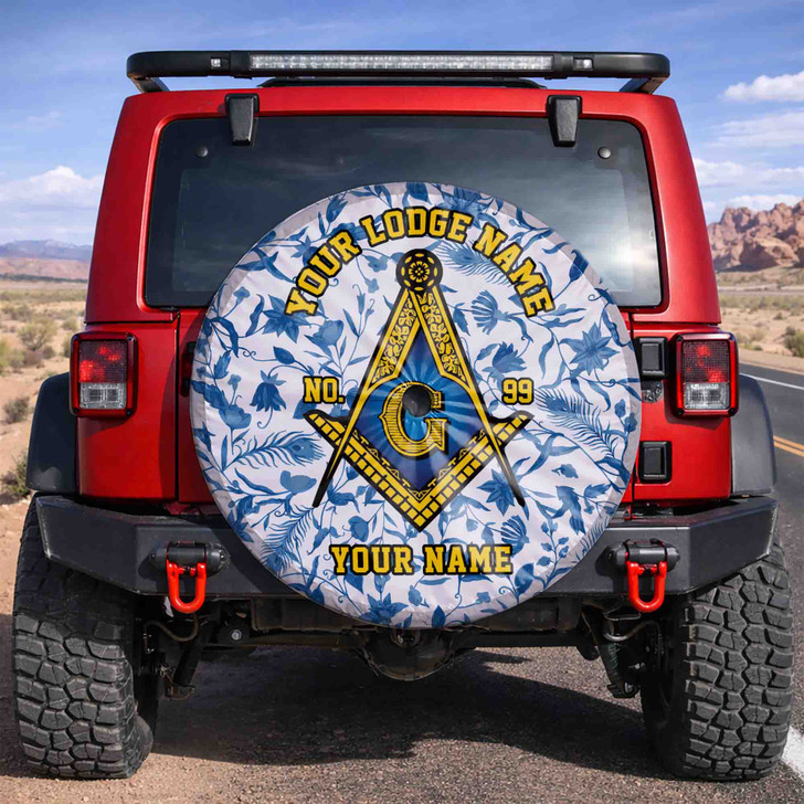 Customized Masonic Symbol Mason Floral Pattern Gray Blue Yellow Spare Tire Cover