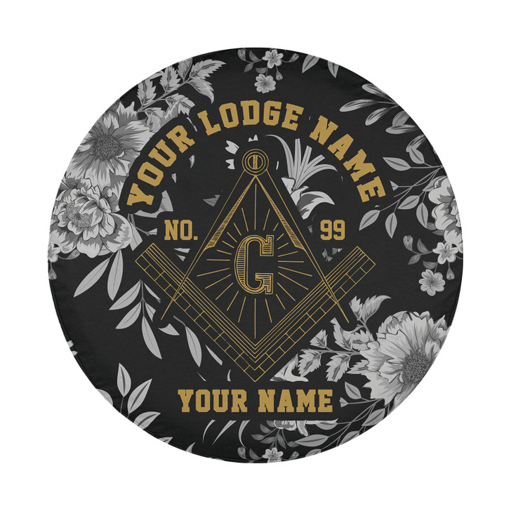 Customized Masonic Symbol Mason Floral Pattern Black White Spare Tire Cover