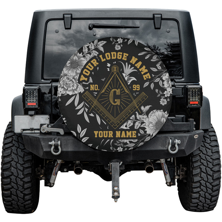 Customized Masonic Symbol Mason Floral Pattern Black White Spare Tire Cover