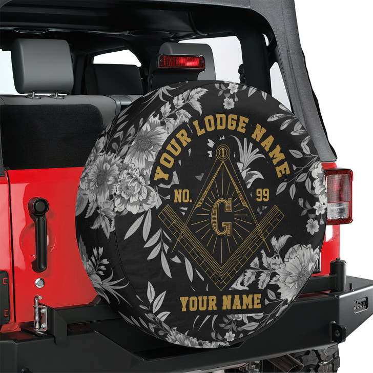 Customized Masonic Symbol Mason Floral Pattern Black White Spare Tire Cover