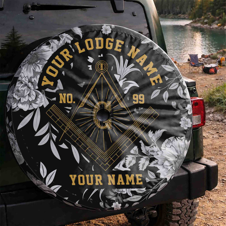 Customized Masonic Symbol Mason Floral Pattern Black White Spare Tire Cover