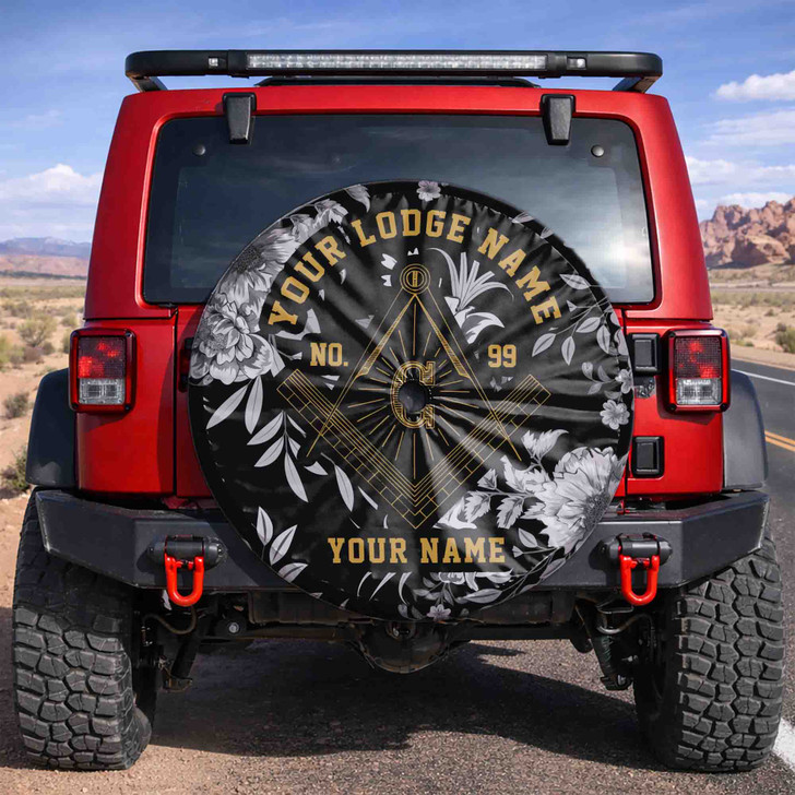 Customized Masonic Symbol Mason Floral Pattern Black White Spare Tire Cover