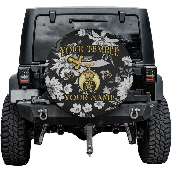 Custom Shriners Symbol Mason Floral Pattern Black White Yellow Spare Tire Cover