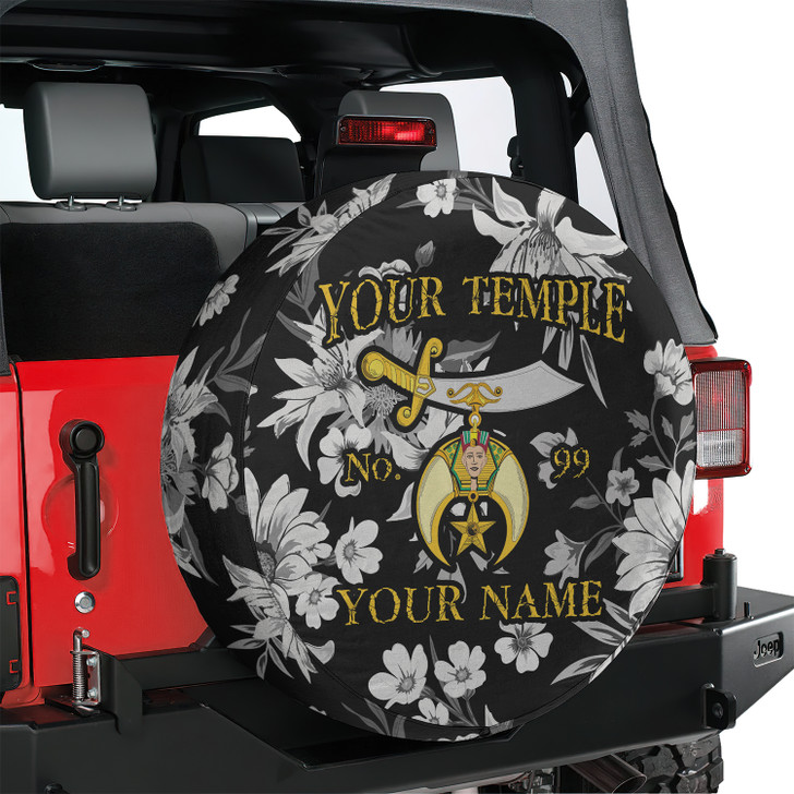 Custom Shriners Symbol Mason Floral Pattern Black White Yellow Spare Tire Cover