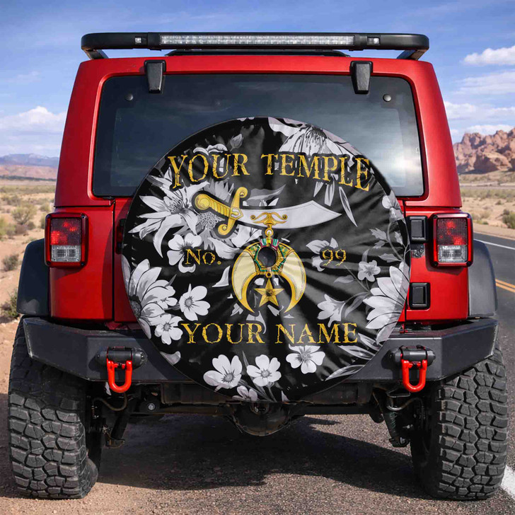 Custom Shriners Symbol Mason Floral Pattern Black White Yellow Spare Tire Cover