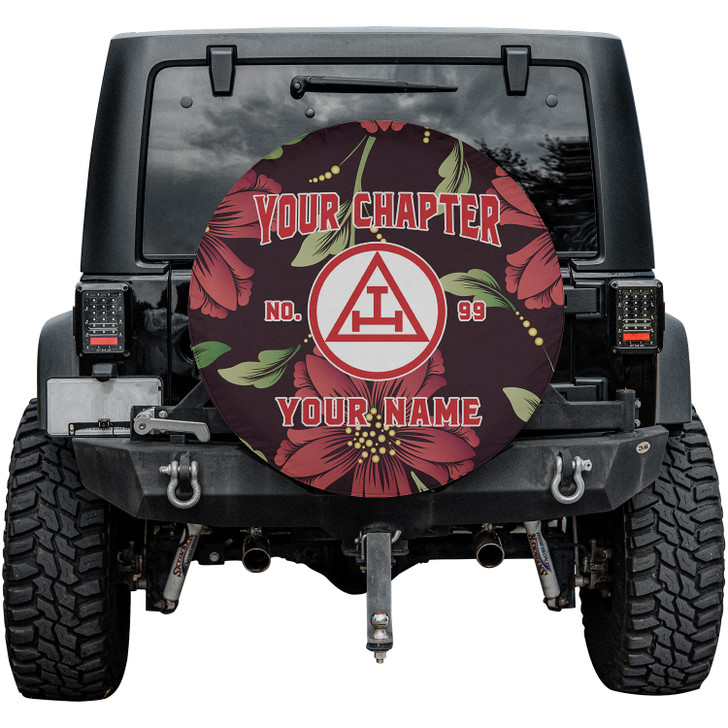 Customized Royal Arch Symbol Masonic Floral Pattern Black Red Spare Tire Cover