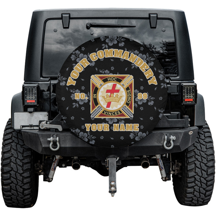 Custom Knights Templar Symbol Masonic Floral Black White Yellow Spare Tire Cover