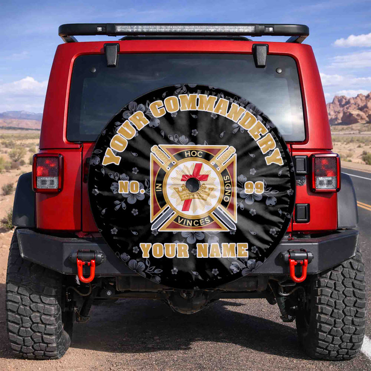 Custom Knights Templar Symbol Masonic Floral Black White Yellow Spare Tire Cover