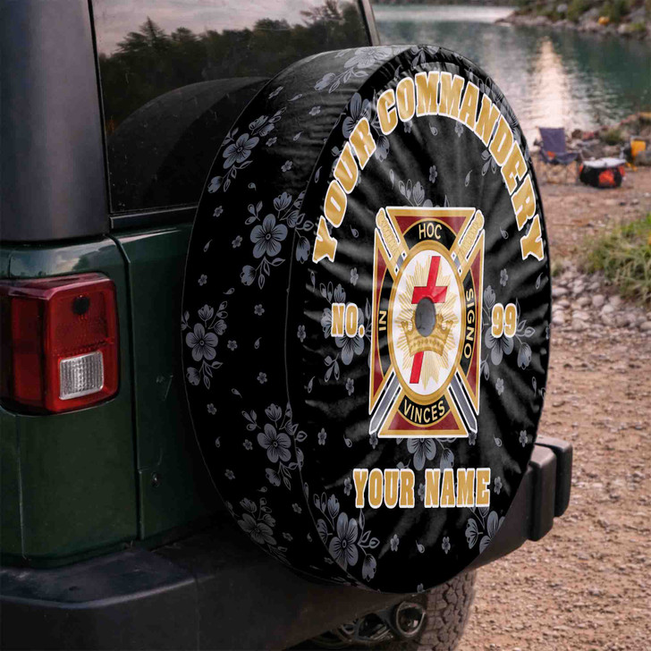 Custom Knights Templar Symbol Masonic Floral Black White Yellow Spare Tire Cover