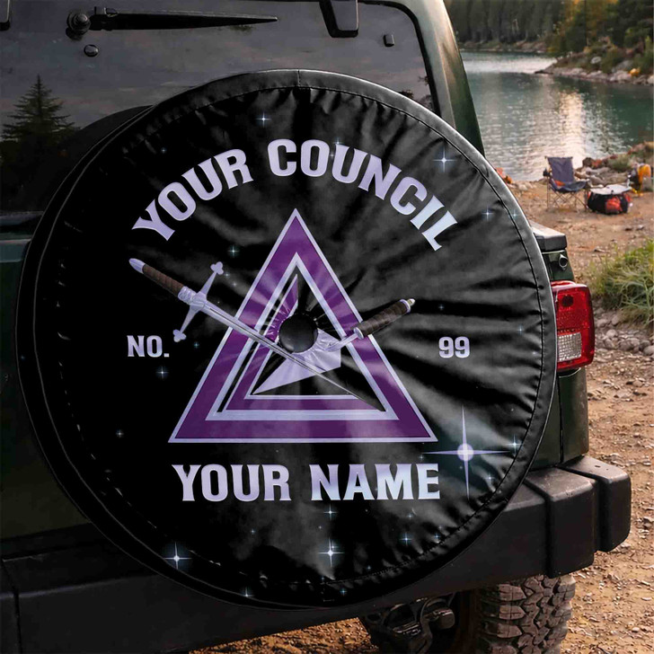 Custom Cryptic Masonry Symbol Mason Stars Pattern Black Purple Spare Tire Cover