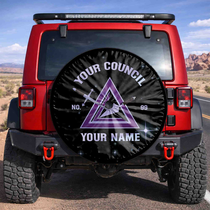 Custom Cryptic Masonry Symbol Mason Stars Pattern Black Purple Spare Tire Cover