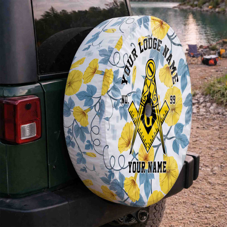 Custom Masonic Symbol Mason Floral Pattern White Blue Yellow Spare Tire Cover