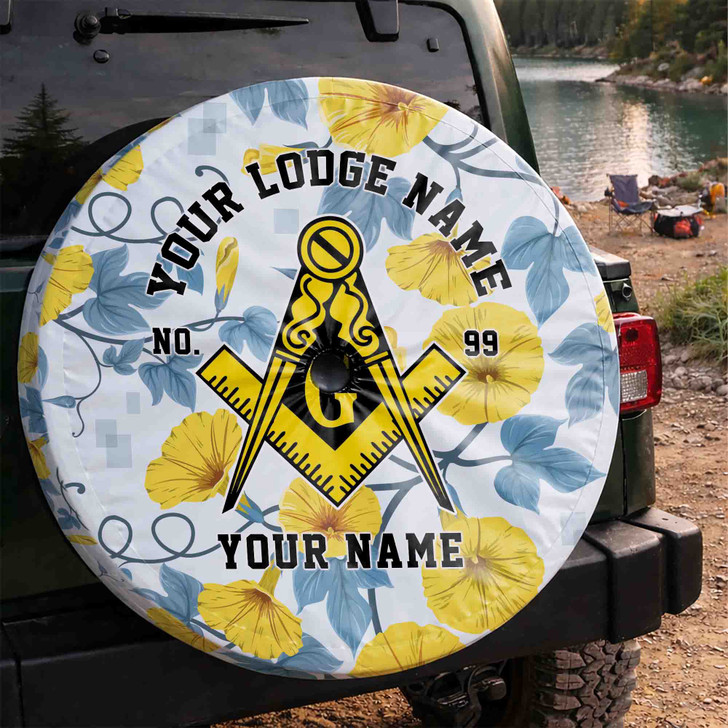 Custom Masonic Symbol Mason Floral Pattern White Blue Yellow Spare Tire Cover