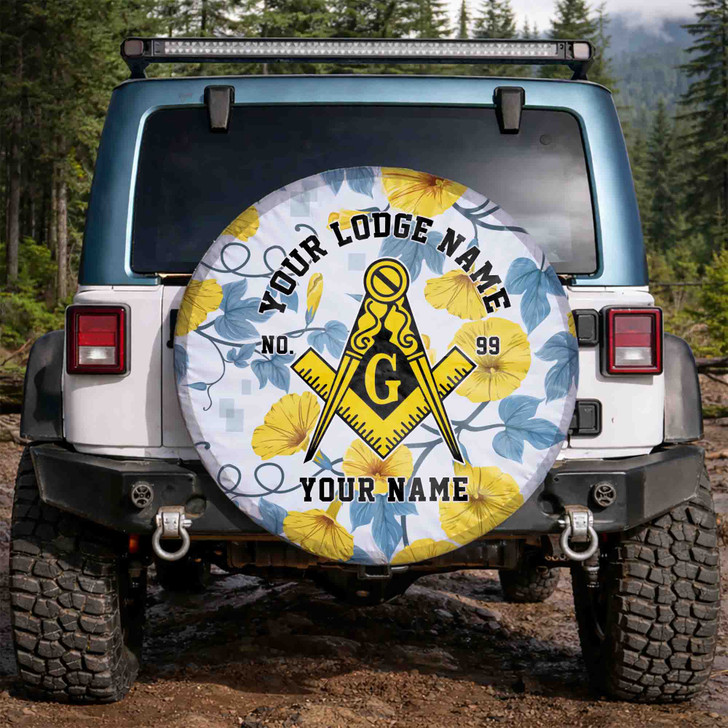 Custom Masonic Symbol Mason Floral Pattern White Blue Yellow Spare Tire Cover
