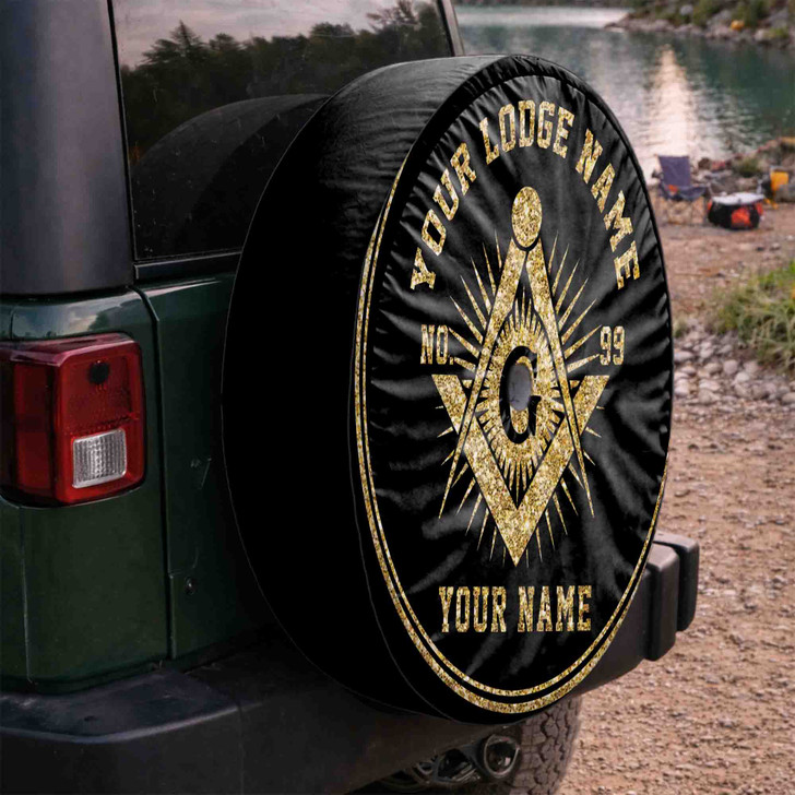 Customized Masonic Symbol Mason Radiant Black Gold Spare Tire Cover