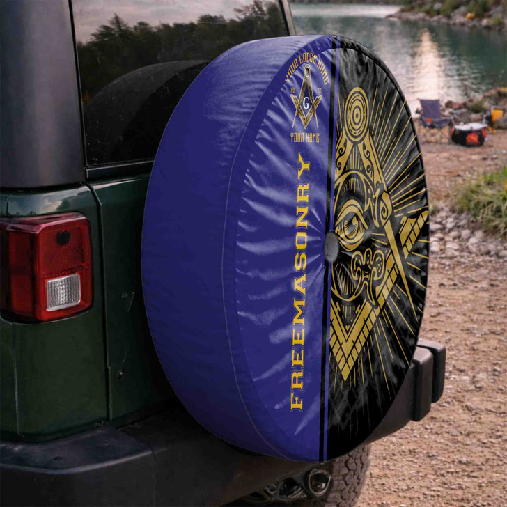 Customized Masonic Symbol Mason All Seeing Eye Blue Black Gold Spare Tire Cover