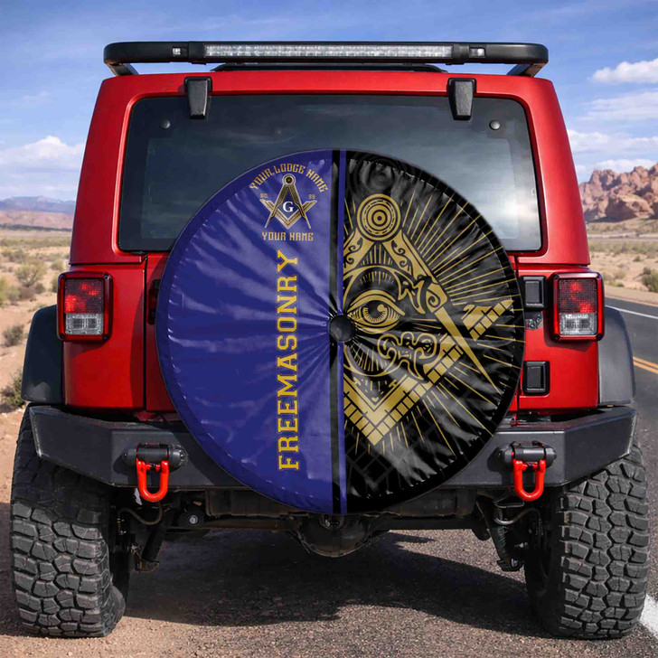 Customized Masonic Symbol Mason All Seeing Eye Blue Black Gold Spare Tire Cover