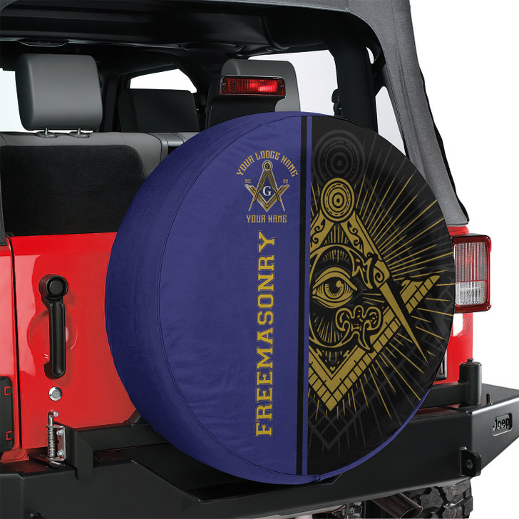 Customized Masonic Symbol Mason All Seeing Eye Blue Black Gold Spare Tire Cover