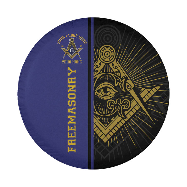 Customized Masonic Symbol Mason All Seeing Eye Blue Black Gold Spare Tire Cover
