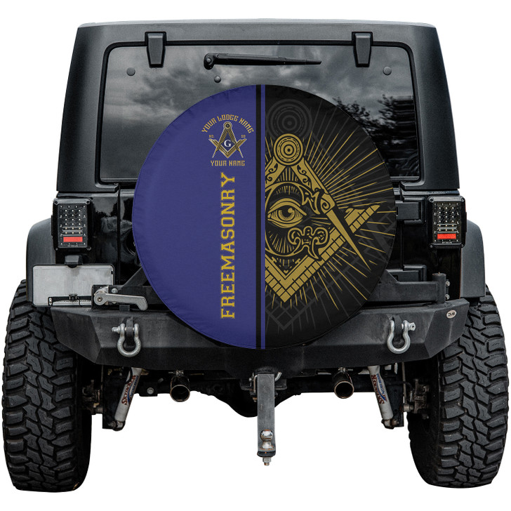 Customized Masonic Symbol Mason All Seeing Eye Blue Black Gold Spare Tire Cover