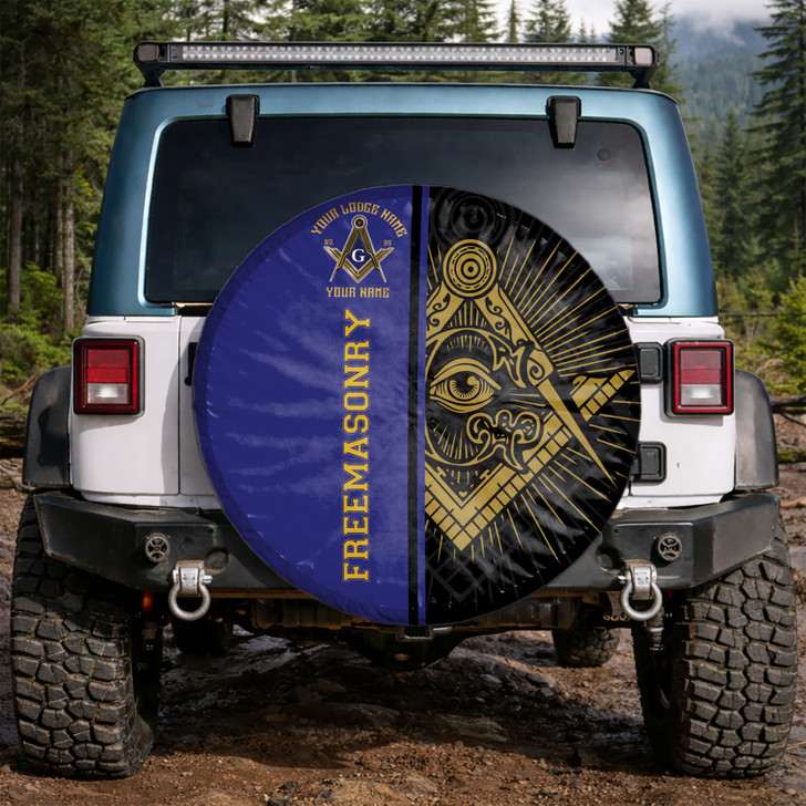 Customized Masonic Symbol Mason All Seeing Eye Blue Black Gold Spare Tire Cover