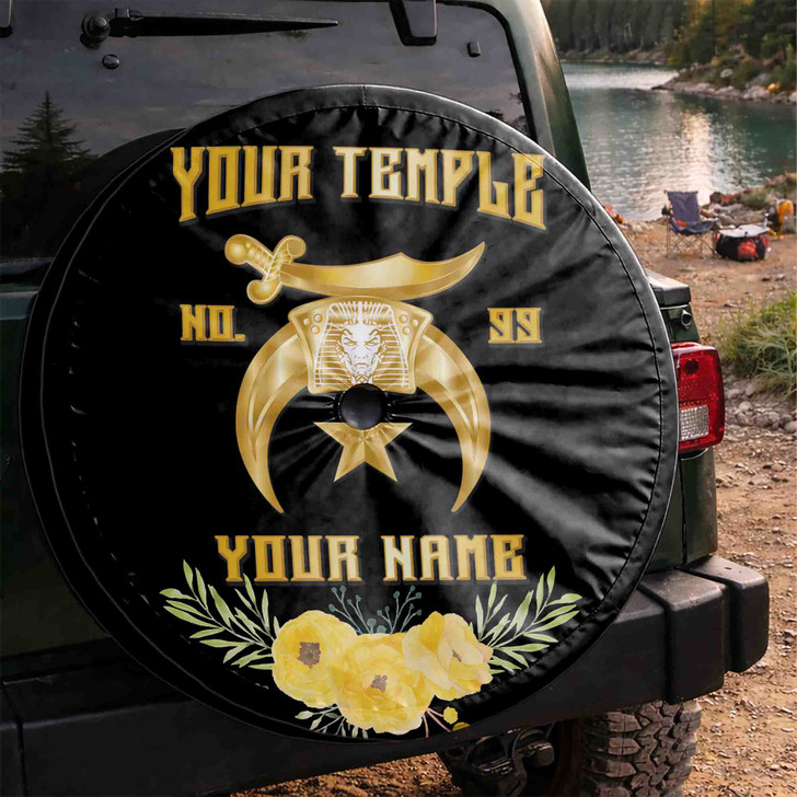 Customized Shriners Symbol Masonic Floral Pattern Black Gold Spare Tire Cover