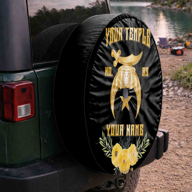 Customized Shriners Symbol Masonic Floral Pattern Black Gold Spare Tire Cover