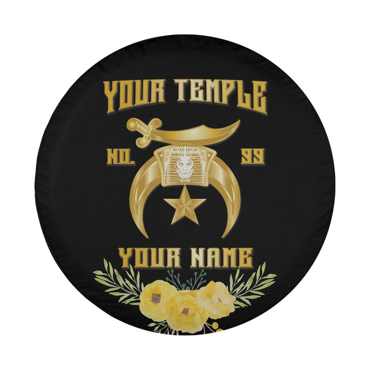 Customized Shriners Symbol Masonic Floral Pattern Black Gold Spare Tire Cover