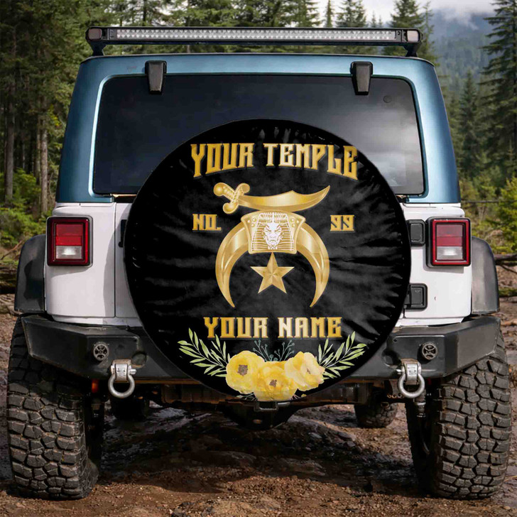 Customized Shriners Symbol Masonic Floral Pattern Black Gold Spare Tire Cover