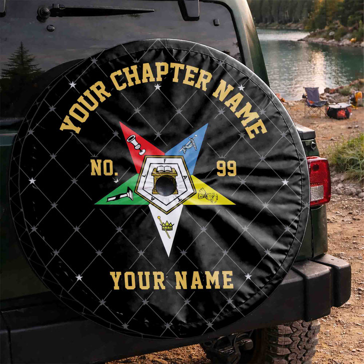 Custom OES Pentagon Down Symbol Masonic Hexagon Black Colorful Spare Tire Cover