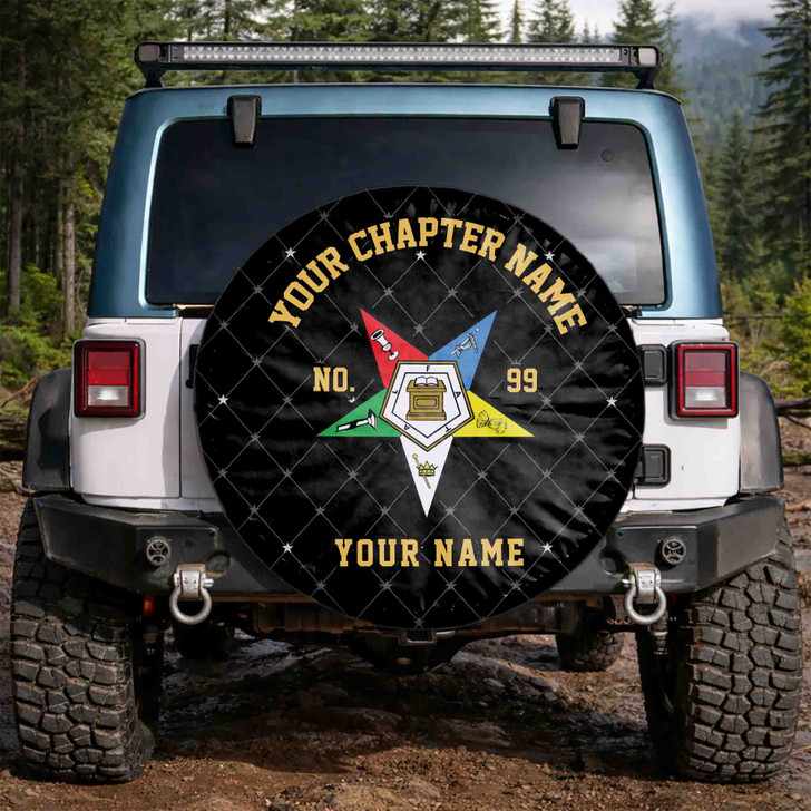 Custom OES Pentagon Down Symbol Masonic Hexagon Black Colorful Spare Tire Cover