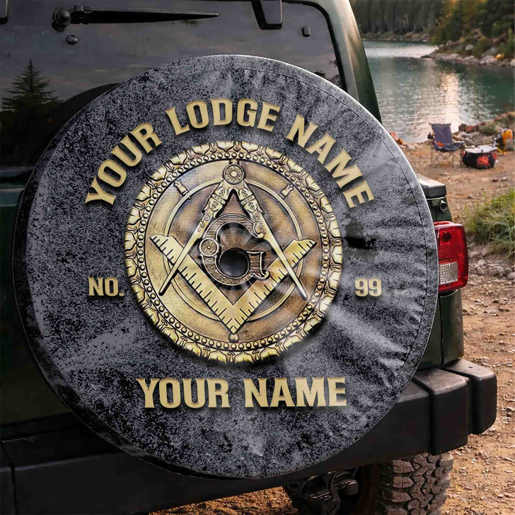 Customized Masonic Symbol Mason Grunge Black Grey Gold Spare Tire Cover