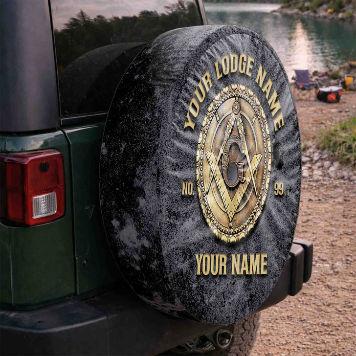 Customized Masonic Symbol Mason Grunge Black Grey Gold Spare Tire Cover