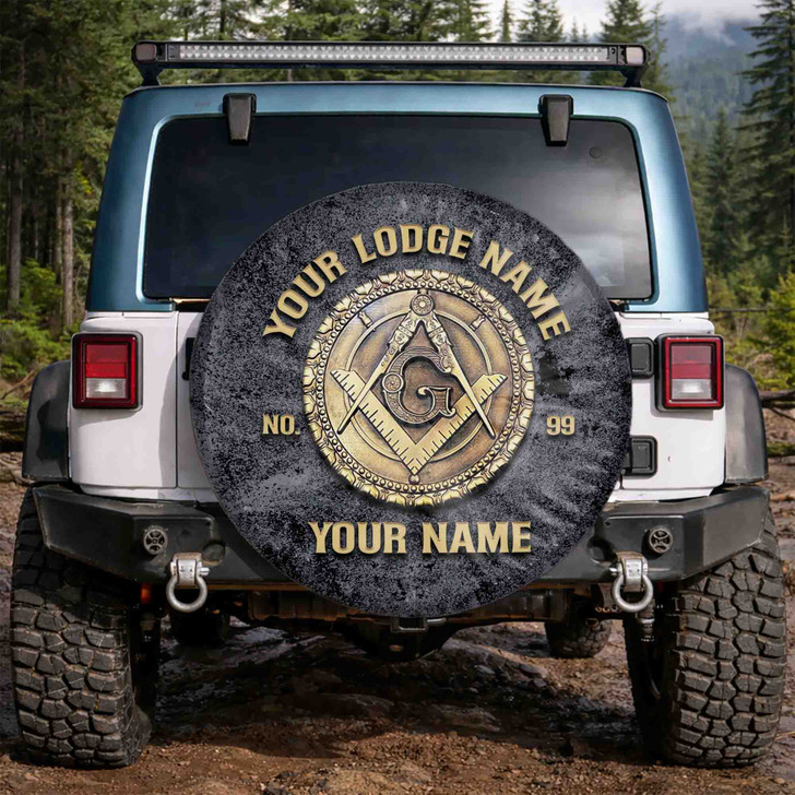 Customized Masonic Symbol Mason Grunge Black Grey Gold Spare Tire Cover