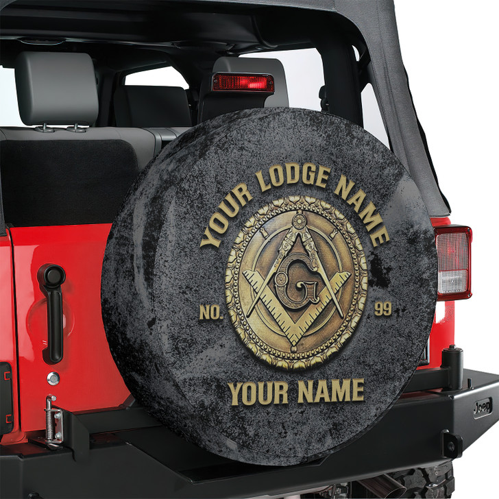 Customized Masonic Symbol Mason Grunge Black Grey Gold Spare Tire Cover
