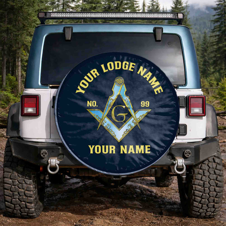 Custom Masonic Symbol Mason Shine Blue Gold Spare Tire Cover, Mason Lodge Gift