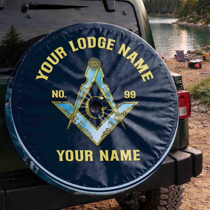 Custom Masonic Symbol Mason Shine Blue Gold Spare Tire Cover, Mason Lodge Gift
