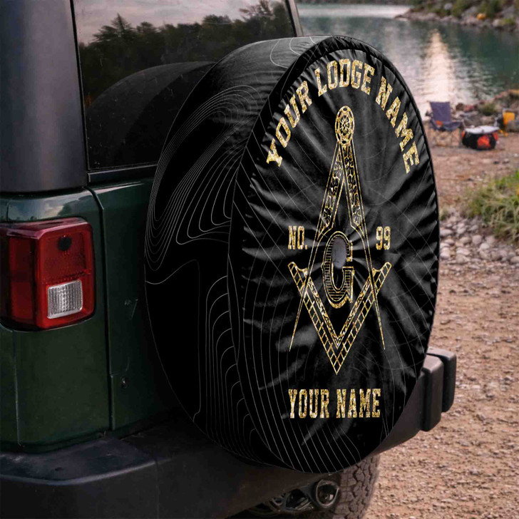 Customized Masonic Symbol Mason Swirl Background Black Gold Spare Tire Cover