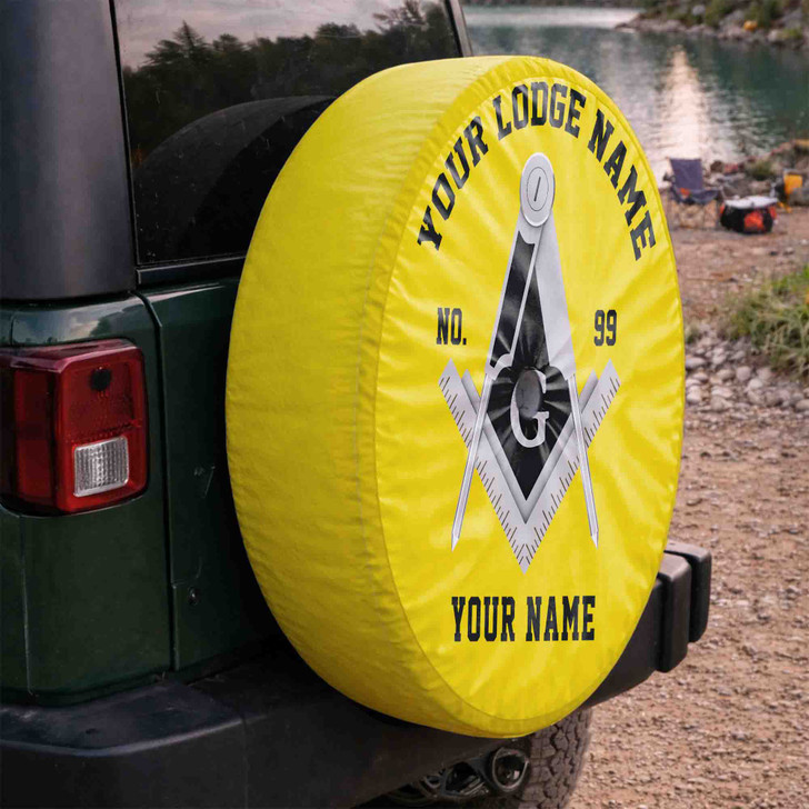 Customized Masonic Symbol Mason Geometric Yellow Black White Spare Tire Cover