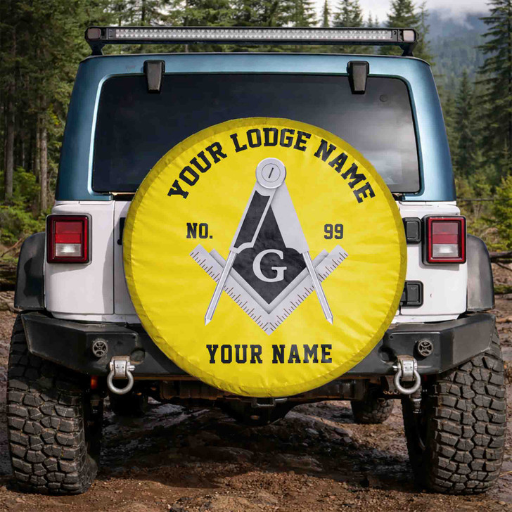 Customized Masonic Symbol Mason Geometric Yellow Black White Spare Tire Cover
