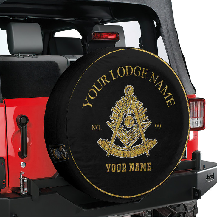 Custom Past Master Symbol Masonic Black Gold Spare Tire Cover, Mason Lodge Gift