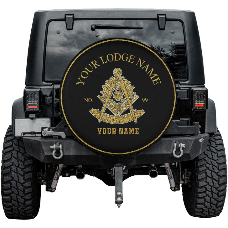 Custom Past Master Symbol Masonic Black Gold Spare Tire Cover, Mason Lodge Gift