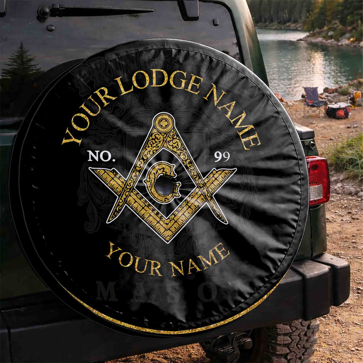 Custom Masonic Symbol Prince Hall Black Gold Spare Tire Cover, Mason Lodge Gift
