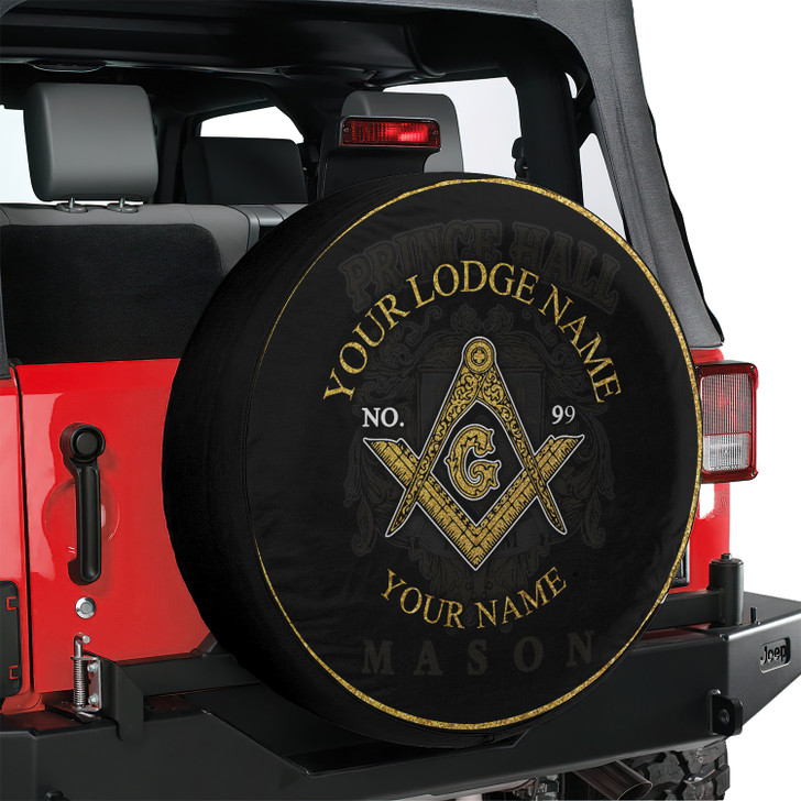 Custom Masonic Symbol Prince Hall Black Gold Spare Tire Cover, Mason Lodge Gift