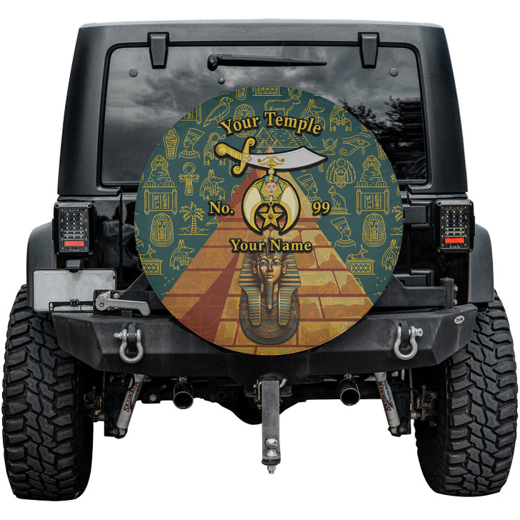 Custom Shriners Symbol Egypt Pyramid Pharaoh Dark Cyan Yellow Spare Tire Cover