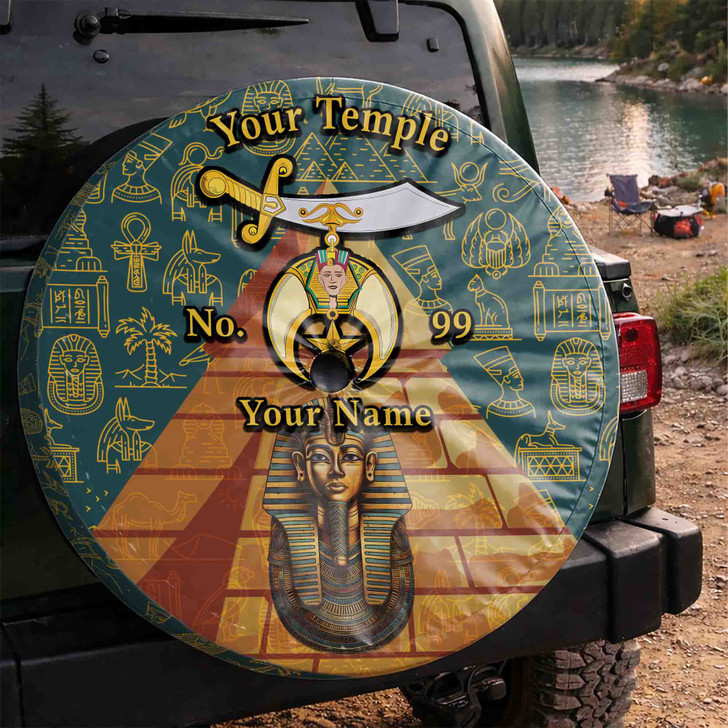 Custom Shriners Symbol Egypt Pyramid Pharaoh Dark Cyan Yellow Spare Tire Cover