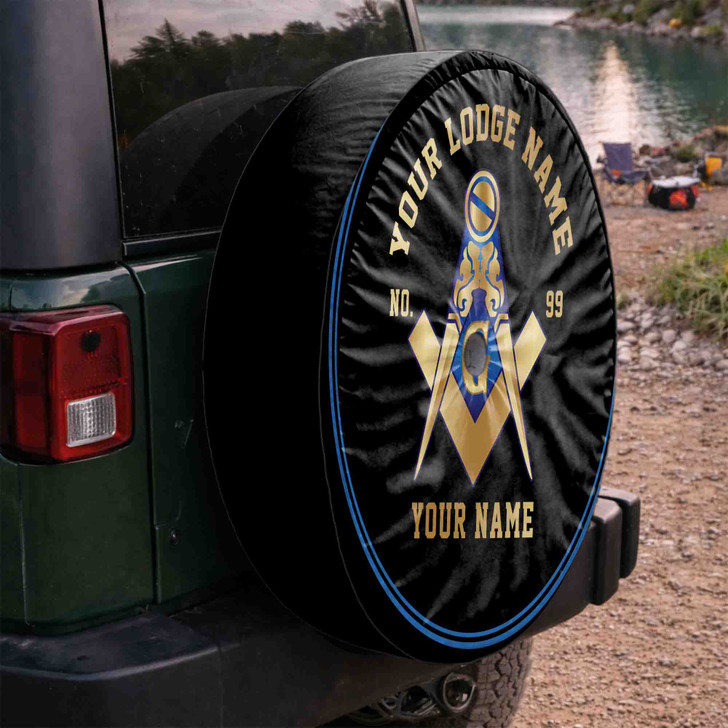 Custom Masonic Symbol Black Blue Gold Spare Tire Cover, Freemason Lodge Gift