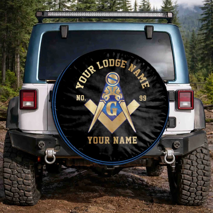 Custom Masonic Symbol Black Blue Gold Spare Tire Cover, Freemason Lodge Gift