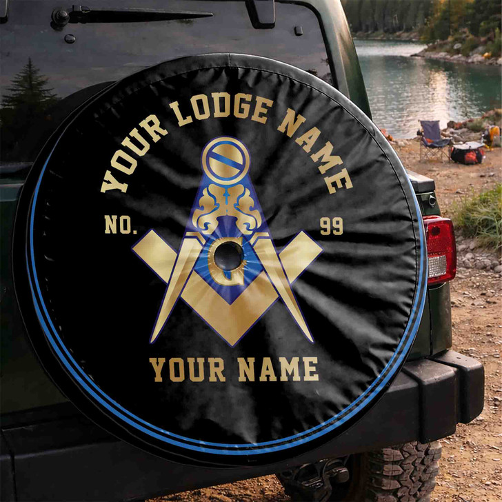 Custom Masonic Symbol Black Blue Gold Spare Tire Cover, Freemason Lodge Gift