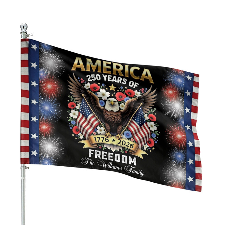 Personalized Family Name America 250 Years of Freedom Eagle With Firework House Flag